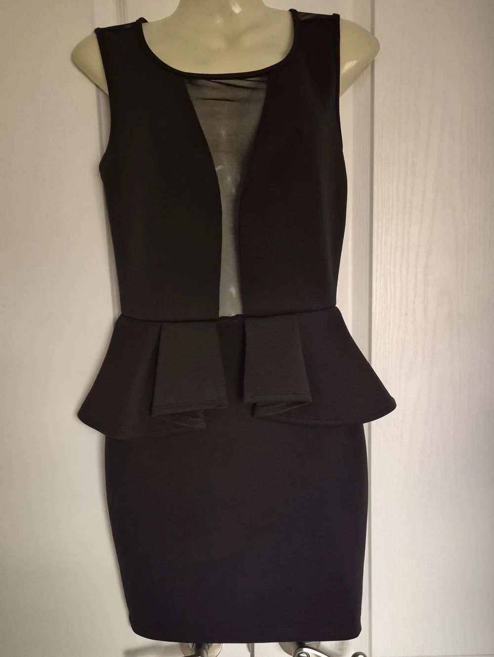 Black Peplum Sheath Dress with Mesh Inset